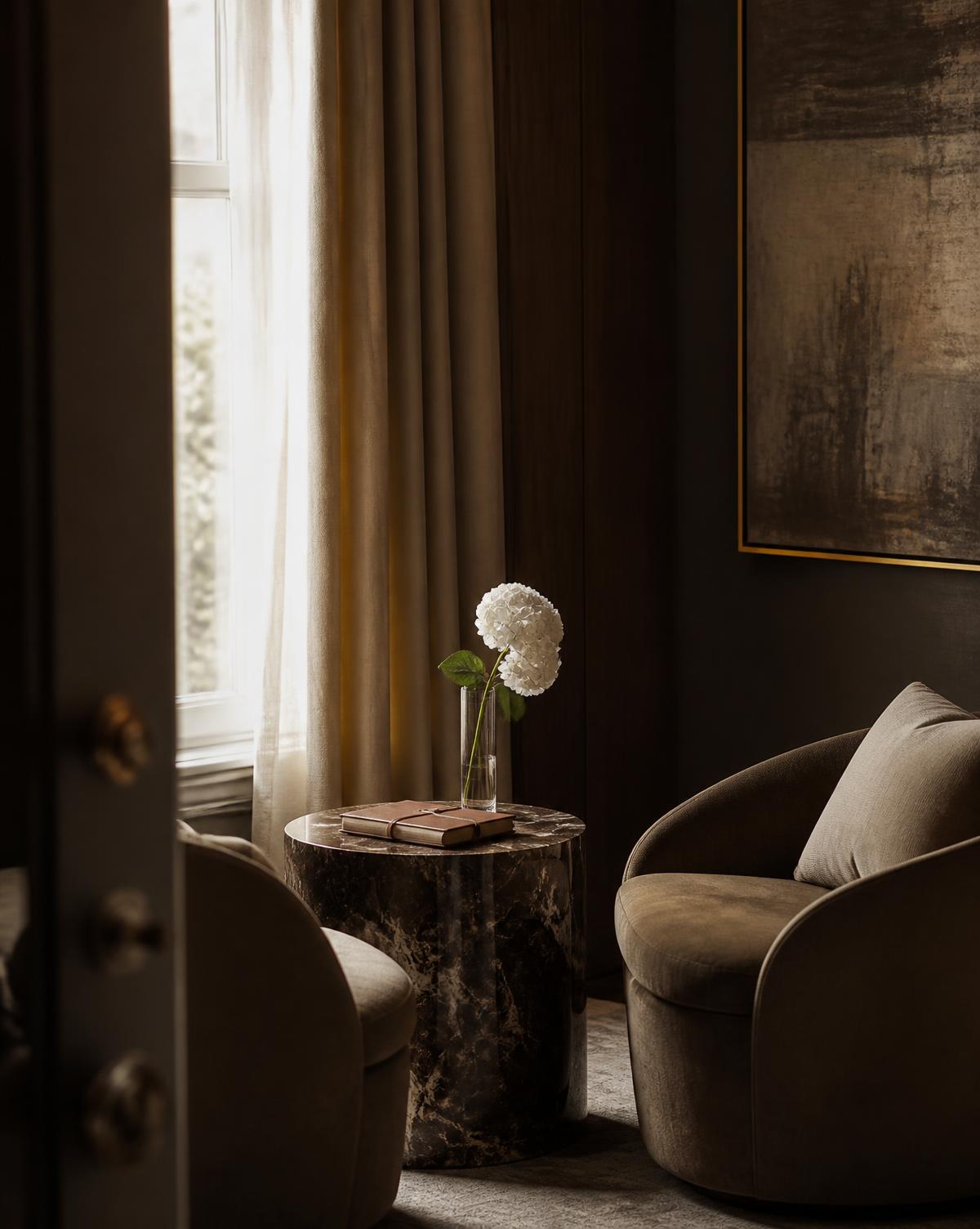 A quiet private advisory room with two facing armchairs, a marble table and soft natural light