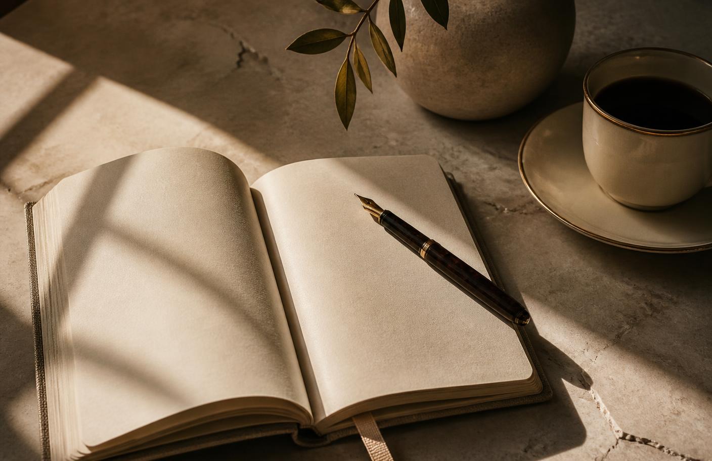 An open journal and fountain pen on warm marble in soft daylight