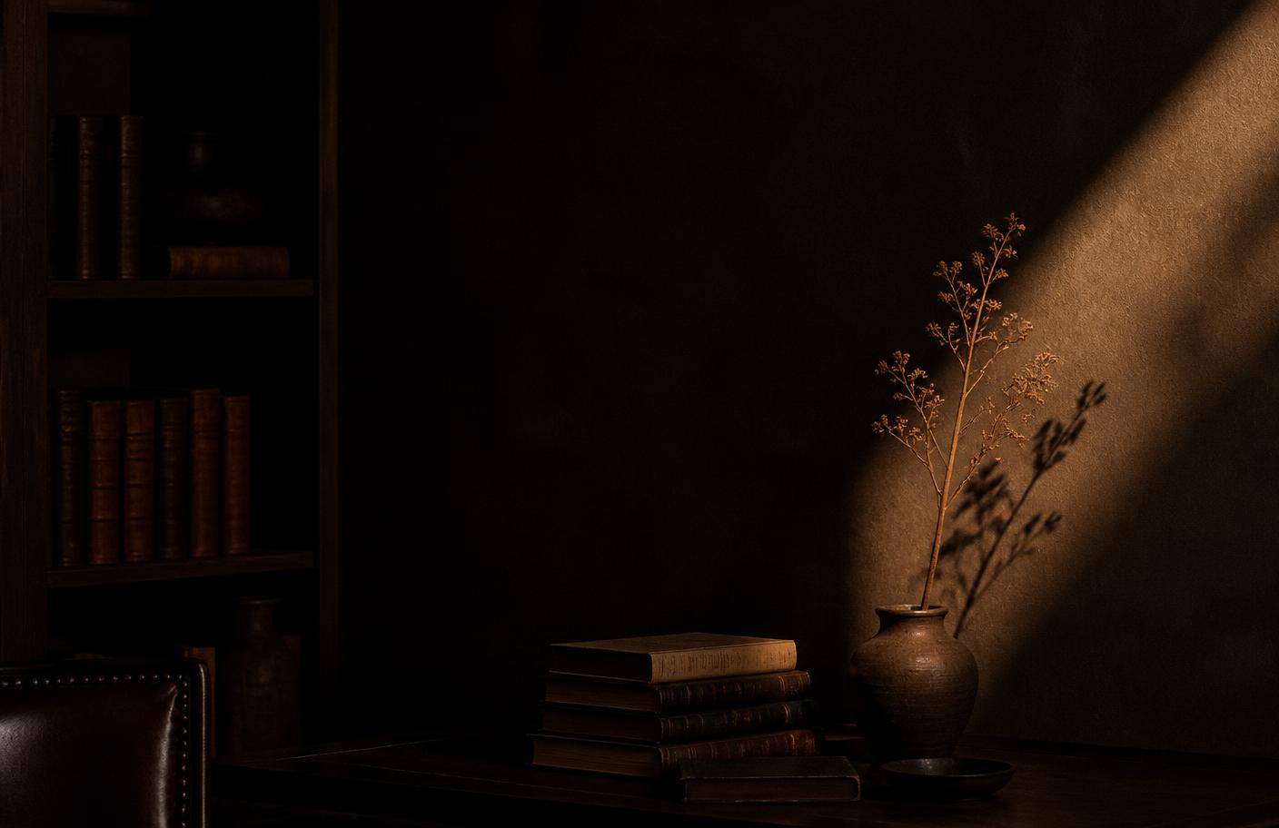 A dark private study with stacked books and a single shaft of warm light